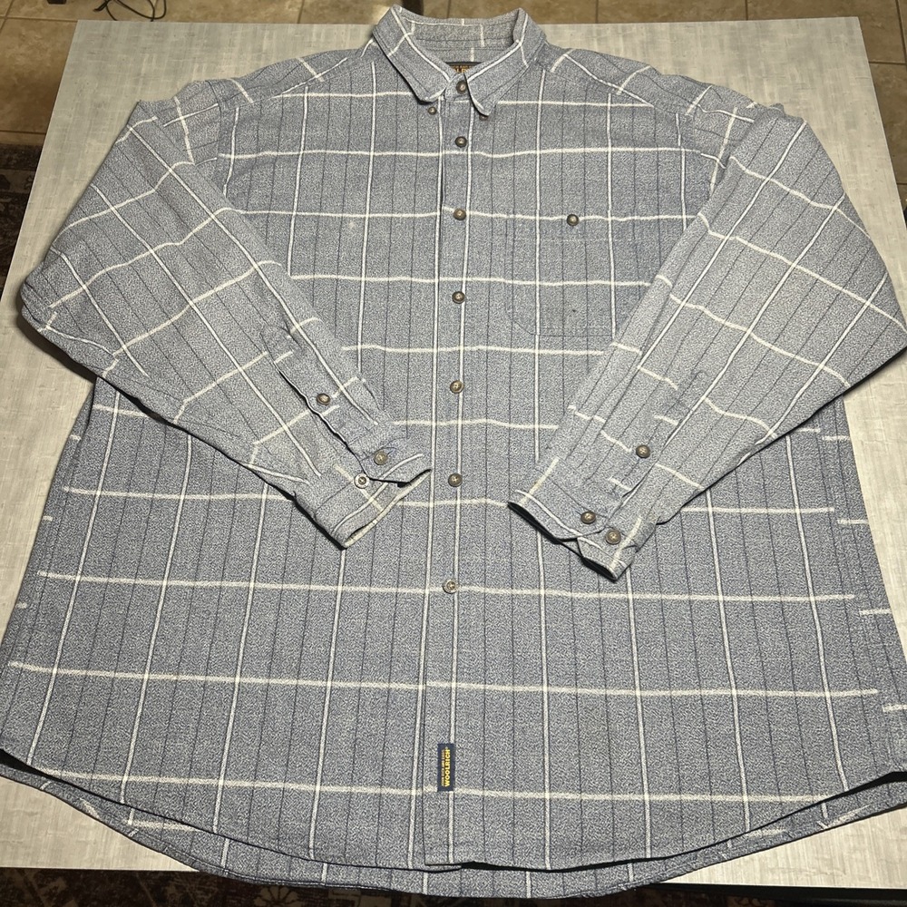 Woolrich Shirt Mens 2XL Blue White Plaid Flannel Button Up Heavy Overshirt